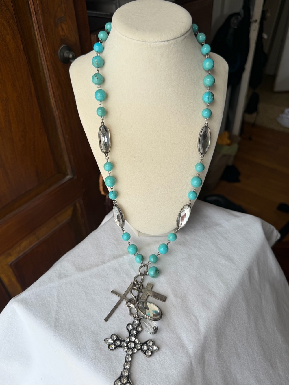 Boho Turquoise Cross Charm Long Beaded Statement Necklace
